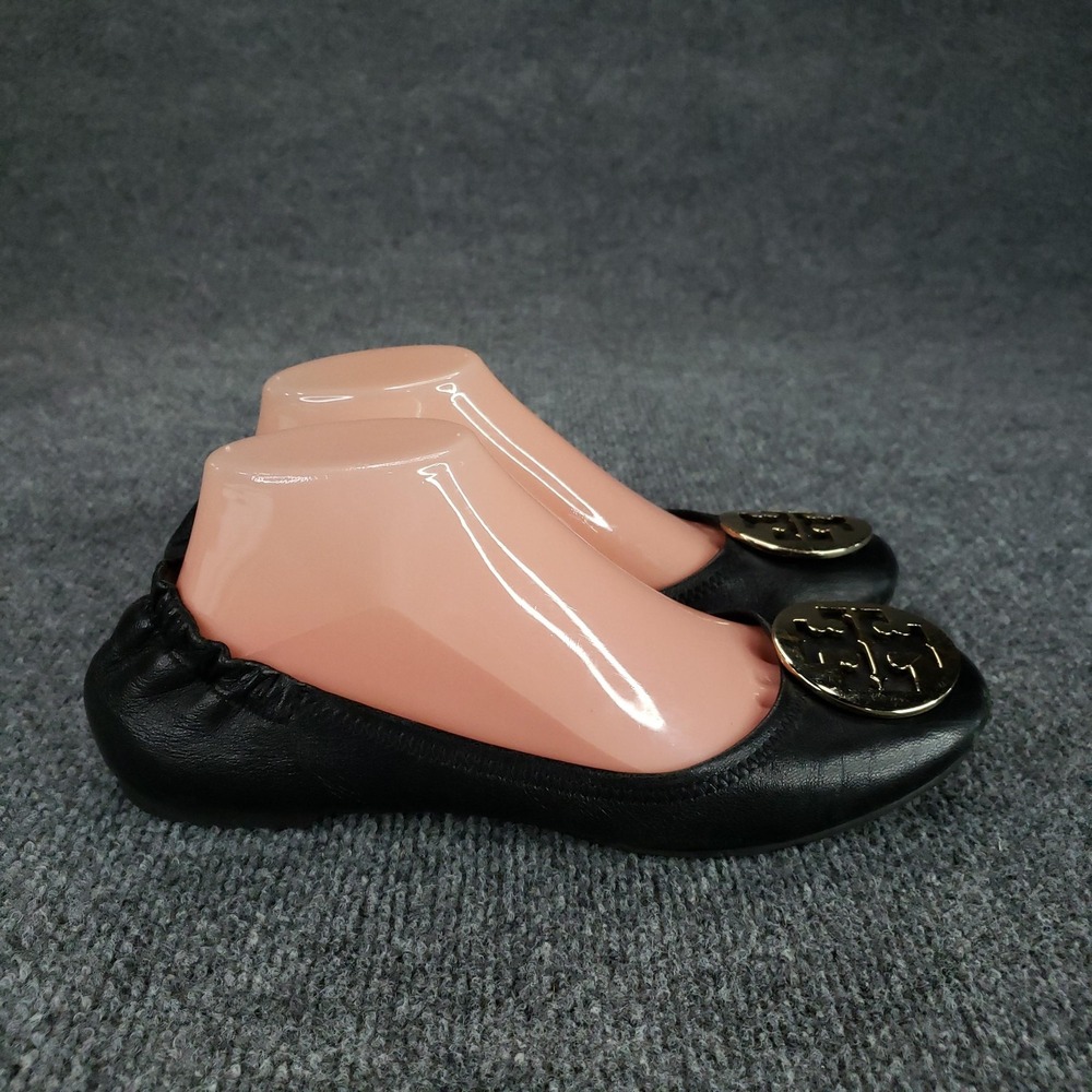 Tory Burch Reva Ballet Flats‎ Shoes Womens Size 8.5 Black Leather Gold Logo